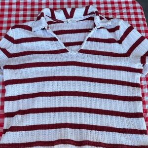 Madewell White and Burgundy Striped Open-Weave Polo